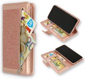 HB Hoesje Geschikt voor Apple iPhone SE 2020 & SE 2022 Rosegoud - Luxe Glitter Portemonnee Book Case met Rits