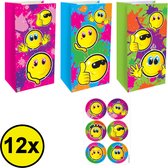 Decopatent® 12 STUKS Traktatie Uitdeel papieren zakjes - Inclusief Stickers - SMILEY - Vrolijke Gezichten - Tasjes - Traktatiezakjes voor uitdeelcadeautjes - Kinderfeestje - 13x8x25 Cm