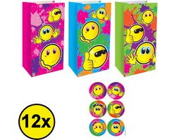 12 STUKS Traktatie Uitdeel papieren zakjes - Inclusief Stickers - SMILEY - Vrolijke Gezichten - Tasjes - Traktatiezakjes voor uitdeelcadeautjes - Kinderfeestje - 13x8x25 Cm