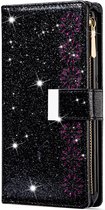 iPhone SE 2022 Luxe Glitter Book Case Hoesje met Koord - Bloemenpatroon - Magnetische Sluiting - Portemonnee met Rits - Pasjeshouder - Apple iPhone SE 2022 - Zwart