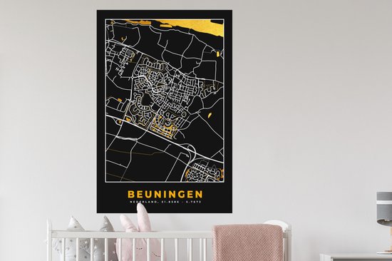 Stickers muraux - Beuningen - Black and Gold et Or - Carte - Plan d'étage - Plan de la ville - 80x120 cm - Feuille adhésive