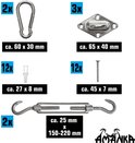 Set schaduwdoekbevestigingen: karabijnhaak, oogplaat, pluggen, schroeven en spanband.