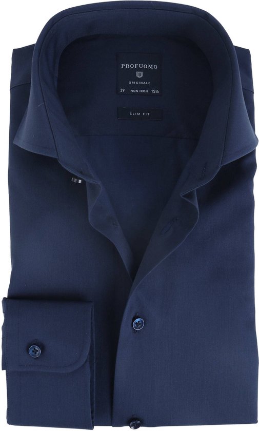 Profuomo slim fit overhemd - fine twill - marine blauw - Strijkvrij - Boordmaat: 37