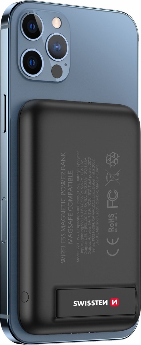 Swissten Powerbank - 5000 mAh - Geschikt voor Apple iPhone 12/13/14/15 modellen - Draadloos opladen + 1x USB-C output - Broekzak formaat - Zwart