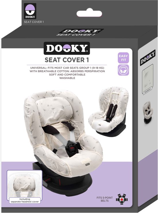 Dooky Seat Cover 0+ Black Feather Housse de siège auto pour système de ceinture 3 et 5 points, pour la tranche dâge 0+, convient à la plupart des marques Gris 