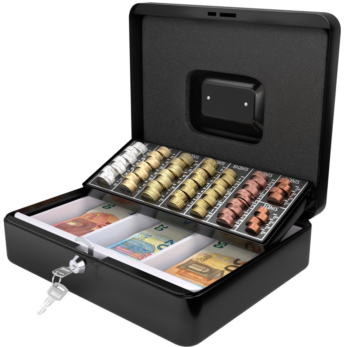 ACROPAQ Geldkistje - Geldkist met sleutel, 30 x 24 x 9 cm, Metaal - Geldkluis met muntsorteerder, Geldlade - Zwart - ACROPAQ