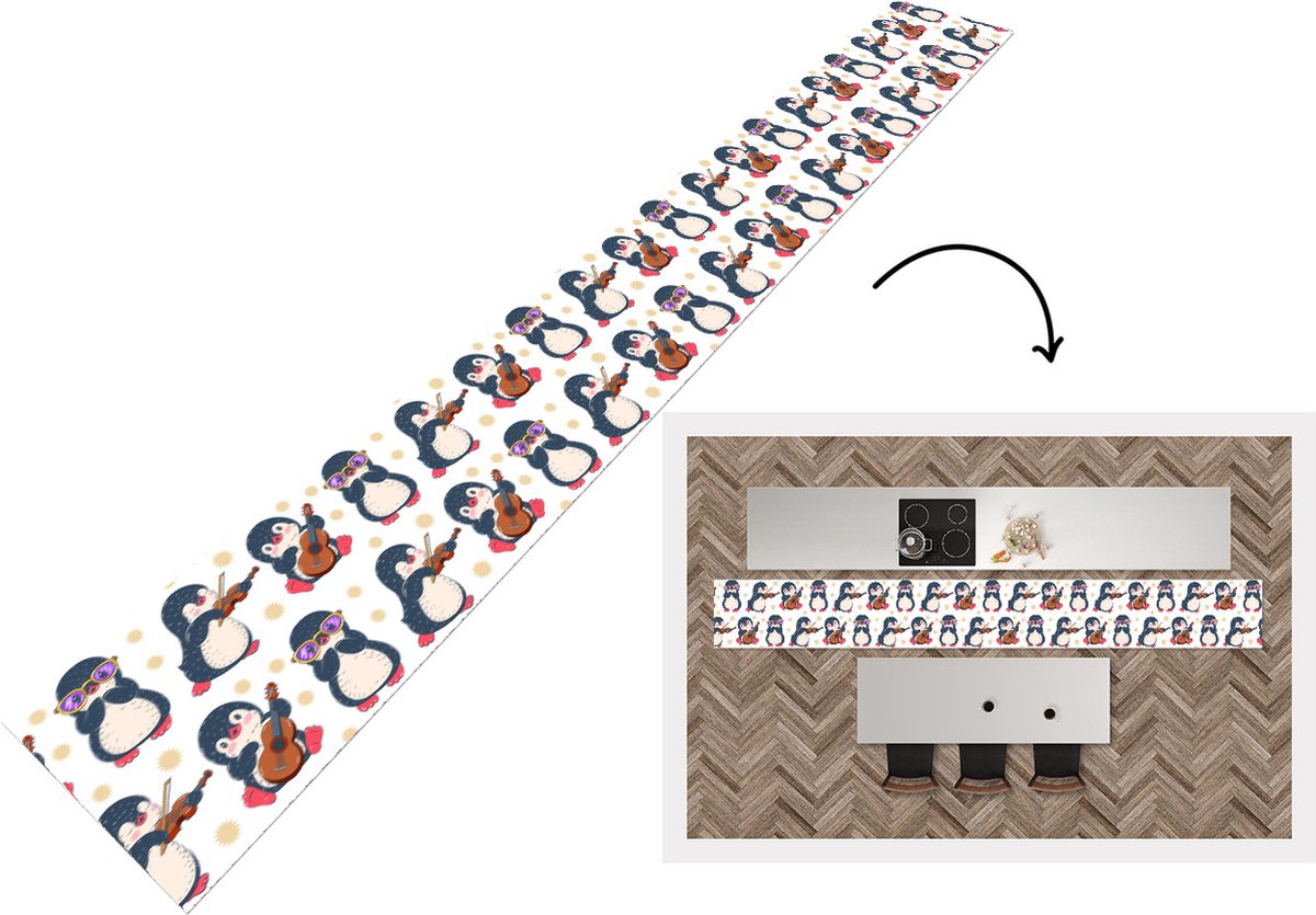 KitchenYeah Keukenloper - Keukenmat - Pinguïn - Muziek - Gitaar - Kinderen - Patroon - Keuken vloerkleed multicolor, foto 3