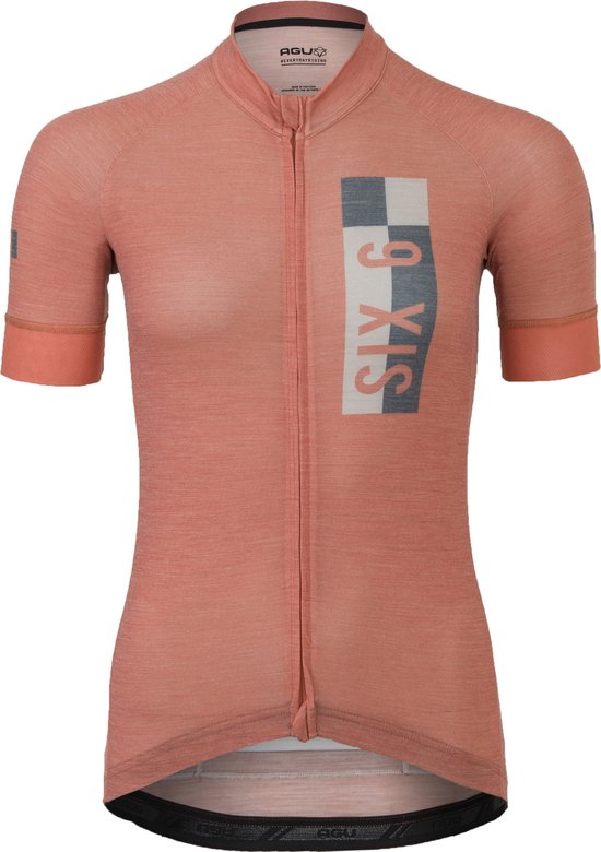 Oranje fietsshirt met korte mouwen, met rits, 'SIX 6' print op de borst, logo op de mouw.