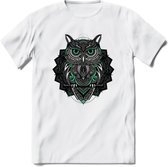 Uil - Dieren Mandala T-Shirt | Aqua | Grappig Verjaardag Zentangle Dierenkop Cadeau Shirt | Dames - Heren - Unisex | Wildlife Tshirt Kleding Kado | - Wit - M