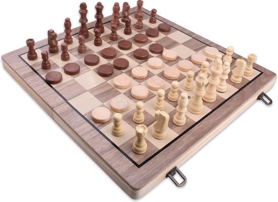 Thumbnail van een extra afbeelding van het spel 2 in 1 Schaakbord | Dambord | Backgammon | Hout | Magnetisch | 39 cm x 39 cm