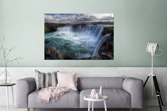Wanddecoratie Metaal - Aluminium Schilderij Industrieel - IJsland - Watervallen - Blauw - 120x80 cm - Dibond - Foto op aluminium - Industriële muurdecoratie - Voor de woonkamer/slaapkamer