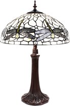 LumiLamp Tiffany Tafellamp Ø 41*59 cm E27/max 2*60W Wit, Zwart, Geel Metaal, Glas Libelle Tiffany Bureaulamp Tiffany Lampen Glas in Lood