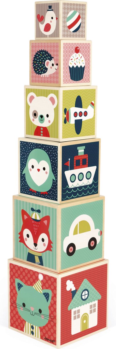 Janod Baby Forest - Houten Stapeltoren 6-Blokken Piramide - Met Schattige Illustraties - Geschikt Vanaf 1 Jaar van Janod — afbeelding 4