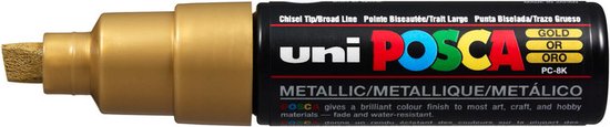 Krijtstift – Chalkmarker – Universele Marker – Uni Posca Marker – 25 Goud – PC-8K – 8mm – Beitelpunt – Large – 1 stuk