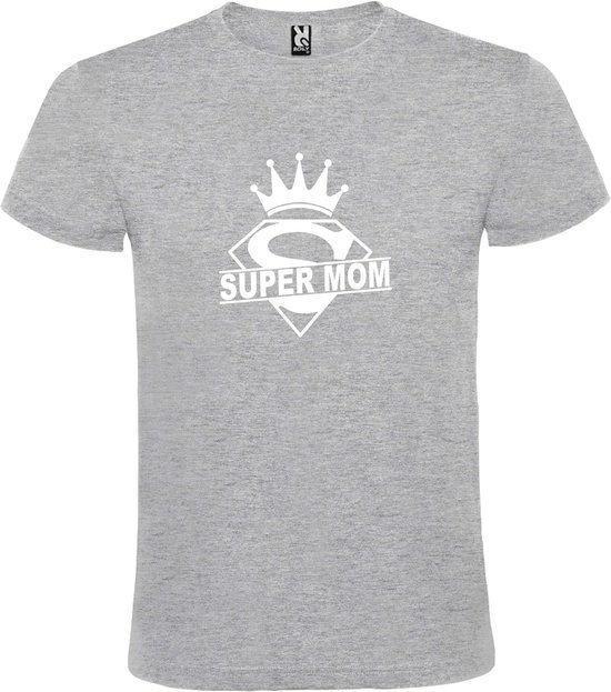 Grijs T shirt met print van "Super Mom " print Wit size M