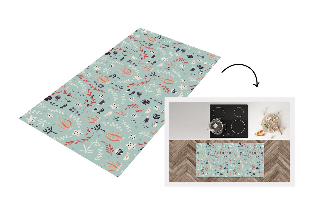 KitchenYeah Keukenloper - Loper keuken - Onderwater - Planten - Zeedieren - Patroon - 120x60 cm - Keukenloper vinyl Multicolor