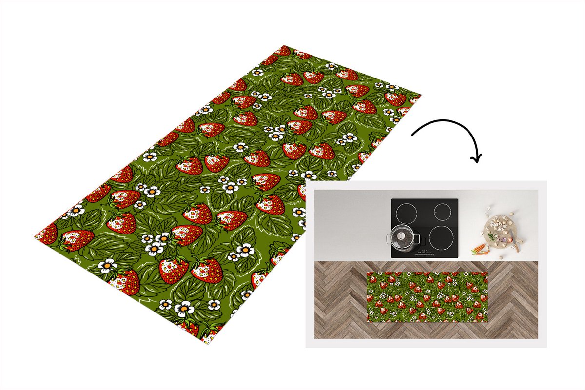 KitchenYeah Keukenloper - Loper keuken - Bloemen - Aardbei - Bladeren - Vegan - Patronen - 120x50 cm - Keukenloper vinyl Multicolor