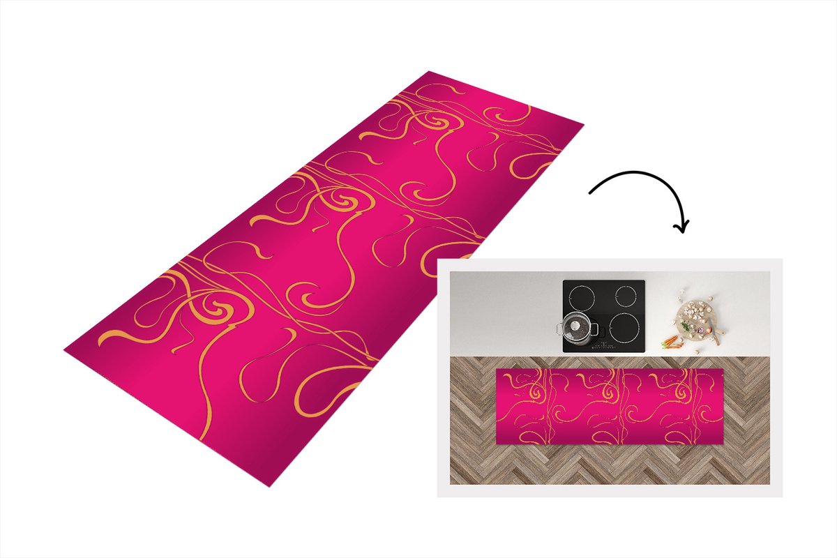 KitchenYeah Keukenloper - Loper keuken - Art nouveau - Goud - Roze - Patronen - 180x60 cm - Keukenloper vinyl Multicolor