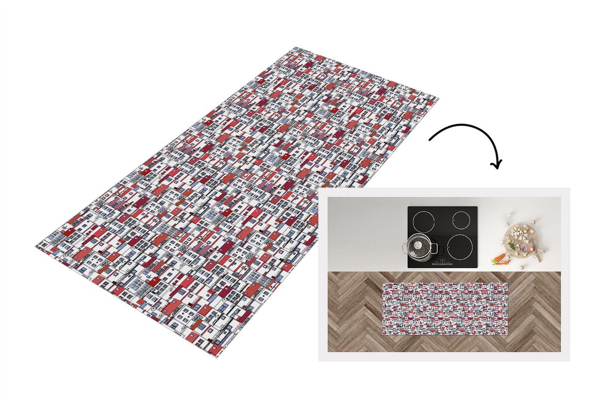 KitchenYeah Keukenloper - Loper keuken - Stad - Patroon - Huizen - 120x50 cm - Keukenloper vinyl Multicolor