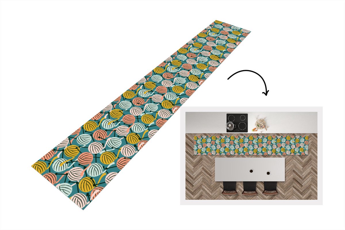 KitchenYeah Keukenloper - Loper keuken - Breien - Wol - Patronen - 300x50 cm - Keukenloper vinyl Multicolor