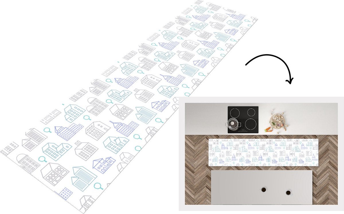 KitchenYeah Keukenloper - Loper keuken - Skyline - Patronen - Huis - 240x60 cm - Keukenloper vinyl Multicolor
