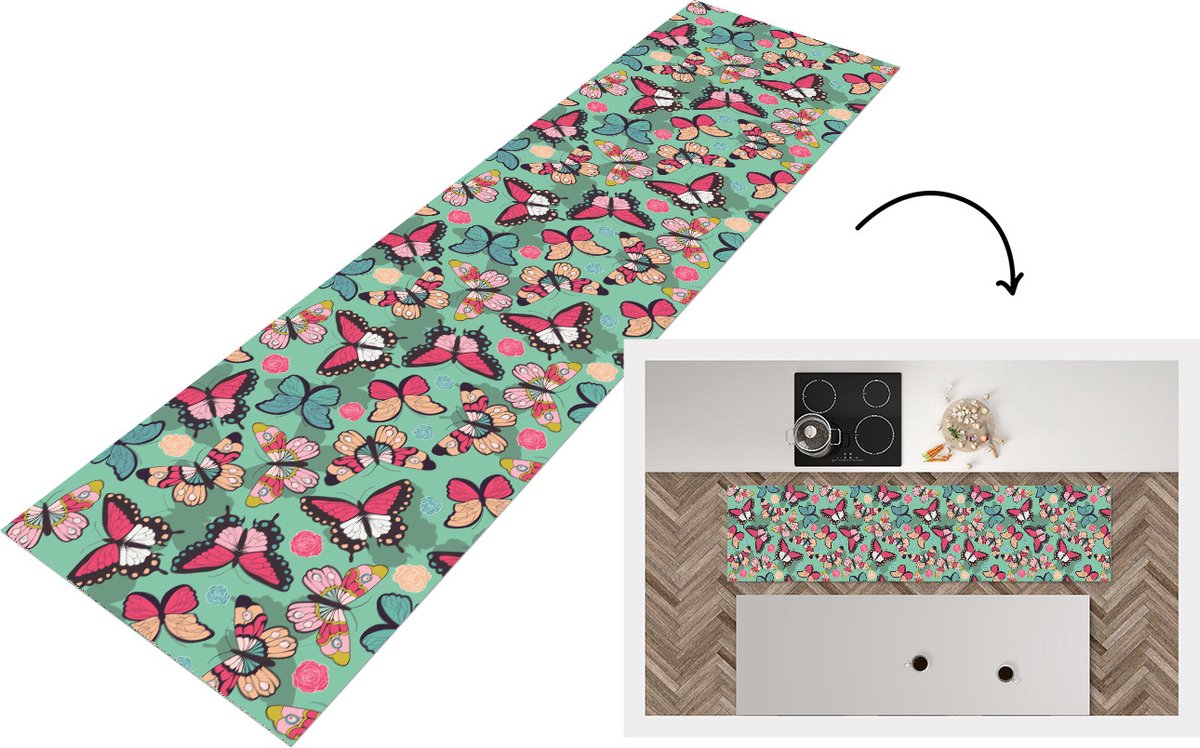 KitchenYeah Keukenloper - Loper keuken - Vlinders - Patronen - Lente - 240x60 cm - Keukenloper vinyl Multicolor