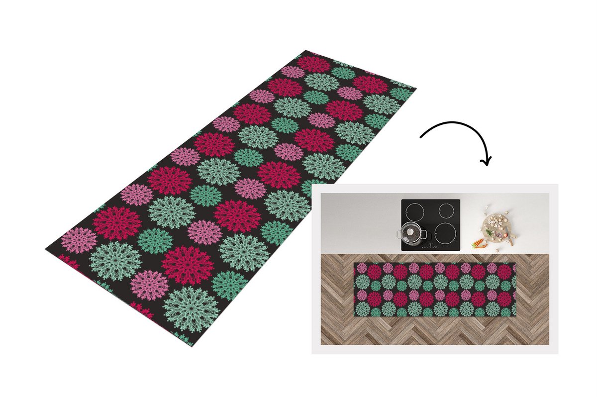 KitchenYeah Keukenloper - Loper keuken - Bloemen - Vintage - Roze - Turquoise - Patronen - 180x60 cm - Keukenloper vinyl Multicolor