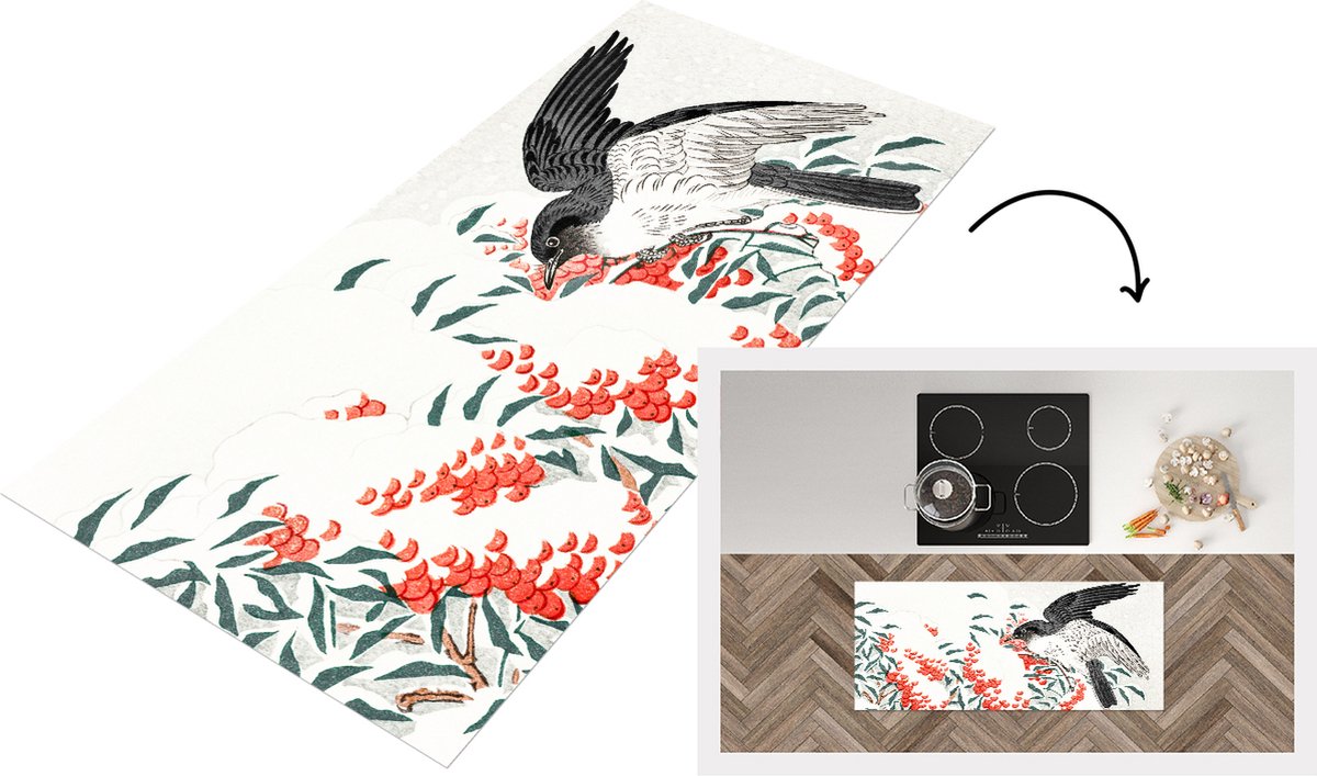 KitchenYeah Keukenloper - Loper keuken - Zwaluw - Vogel - Bes - Japandi - 120x50 cm - Keukenloper vinyl Multicolor