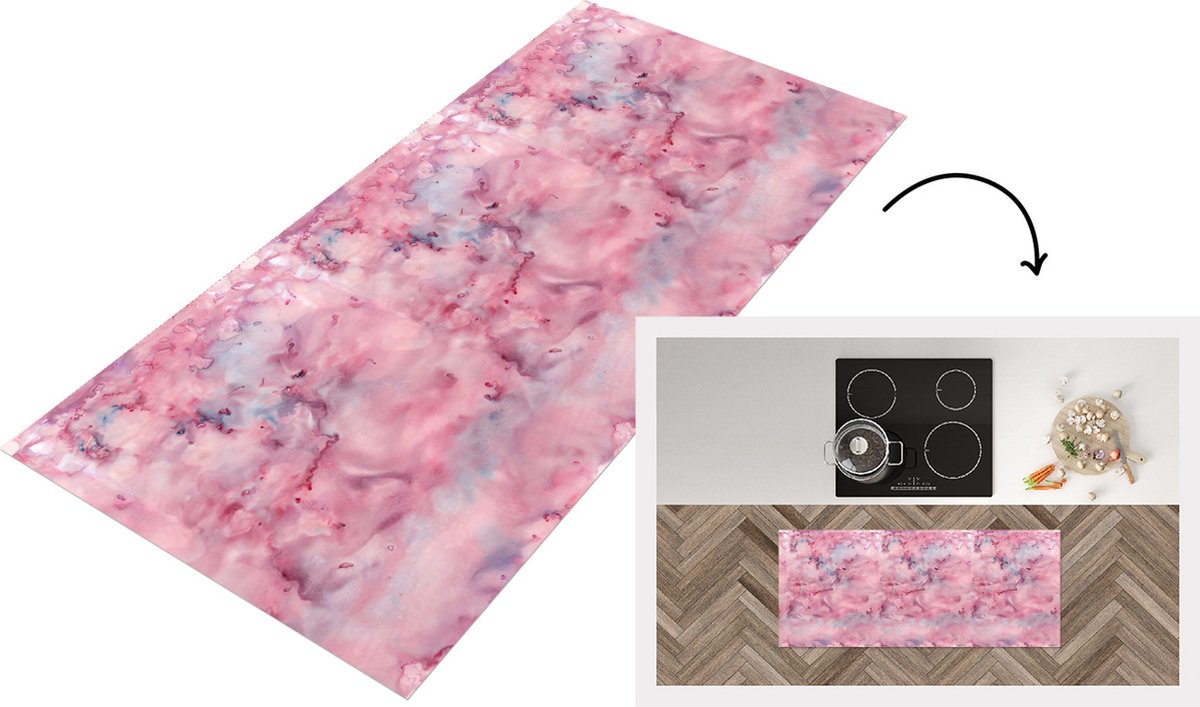 KitchenYeah Keukenloper - Loper keuken - Alcohol inkt - Marmer - Roze - Patronen - 120x50 cm - Keukenloper vinyl Multicolor