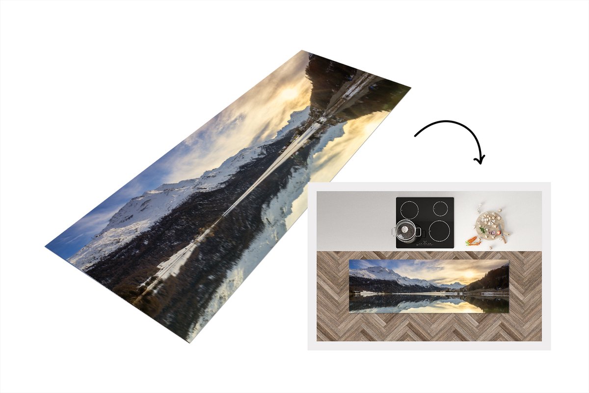 KitchenYeah Keukenloper - Loper keuken - Bergmeer in de winter Zwitserland - 150x50 cm - Keukenloper vinyl Multicolor