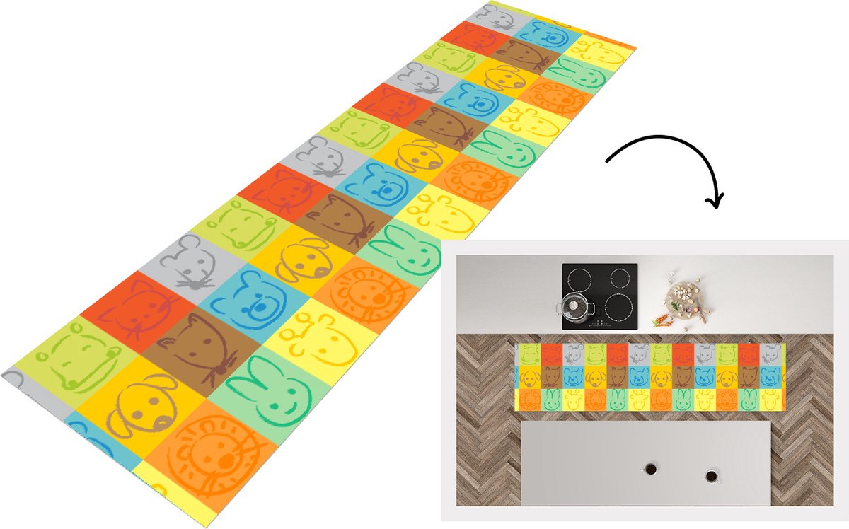 KitchenYeah Keukenloper - Loper keuken - Dieren - Patronen - Kinderen - Regenboog - 200x50 cm - Keukenloper vinyl Multicolor
