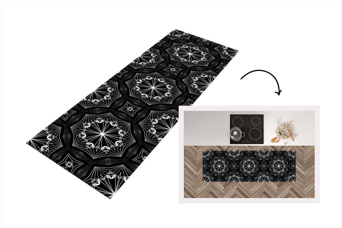 KitchenYeah Keukenloper - Loper keuken - Bloemen - Design - Zwart - Wit - Geometrie - 150x50 cm - Keukenloper vinyl Multicolor