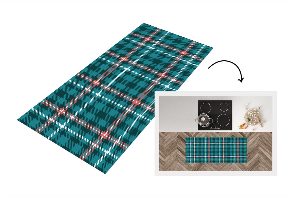 KitchenYeah Keukenloper - Loper keuken - Plaid - Schotse ruit - Patronen - Blauw - Roze - 120x50 cm - Keukenloper vinyl Multicolor