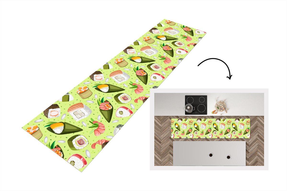 KitchenYeah Keukenloper - Loper keuken - Patronen - Sushi - Japan - Groen - 240x60 cm - Keukenloper vinyl Multicolor