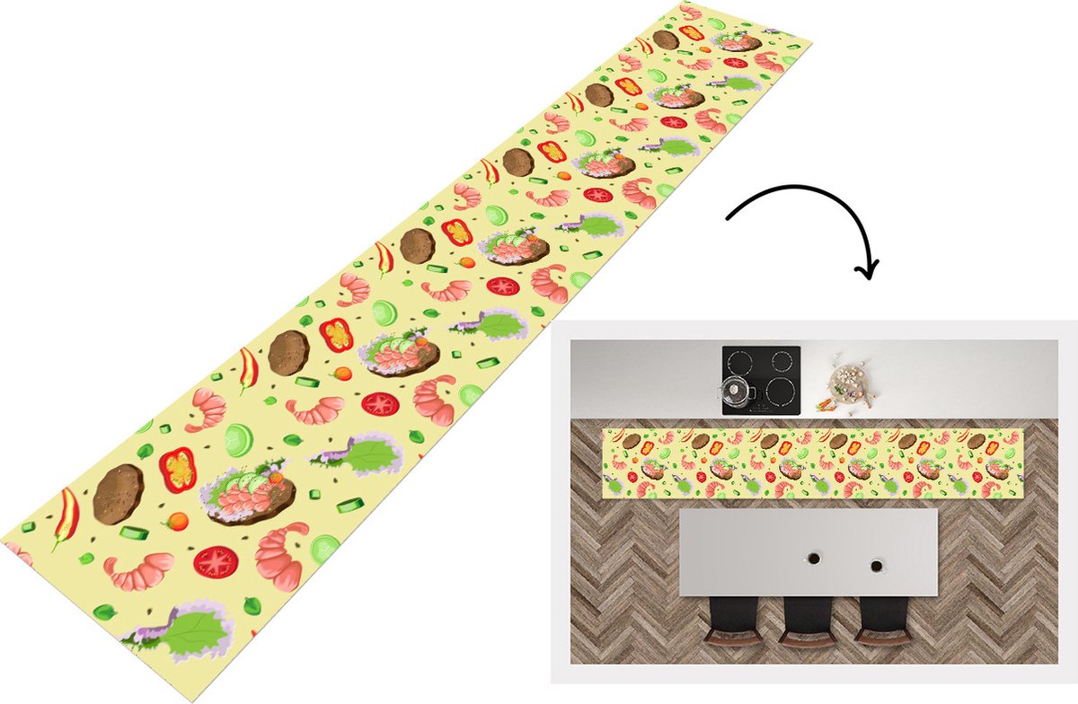 KitchenYeah Keukenloper - Loper keuken - Patroon - Eten - Groente - 300x50 cm - Keukenloper vinyl Multicolor