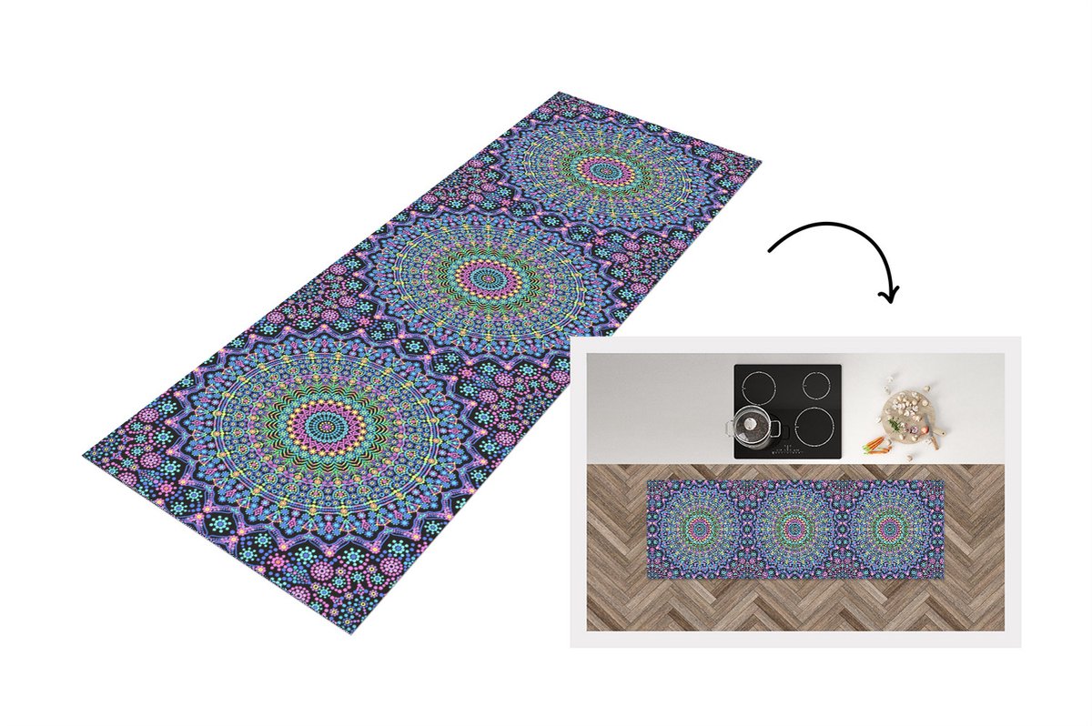 KitchenYeah Keukenloper - Loper keuken - Mandala - Hippie - Regenboog - Neon - Patronen - 180x60 cm - Keukenloper vinyl Multicolor