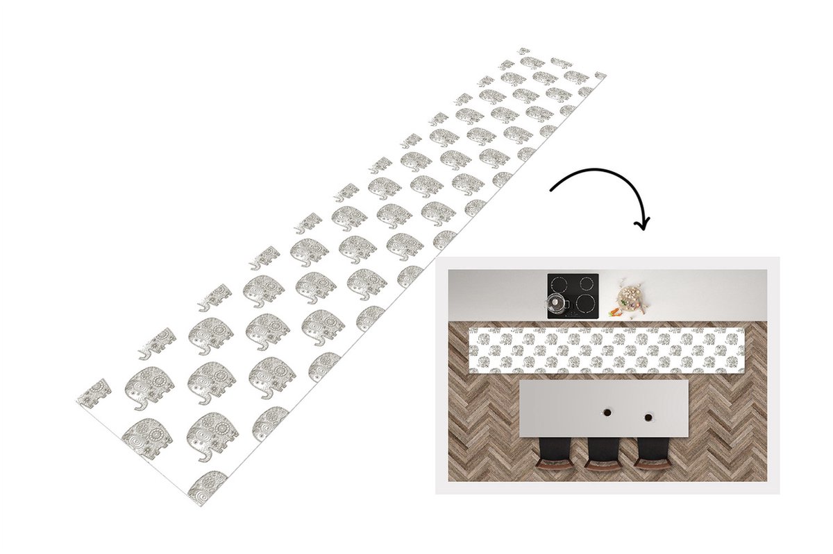 KitchenYeah Keukenloper - Loper keuken - Doodle - Olifant - Design - 300x50 cm - Keukenloper vinyl Multicolor
