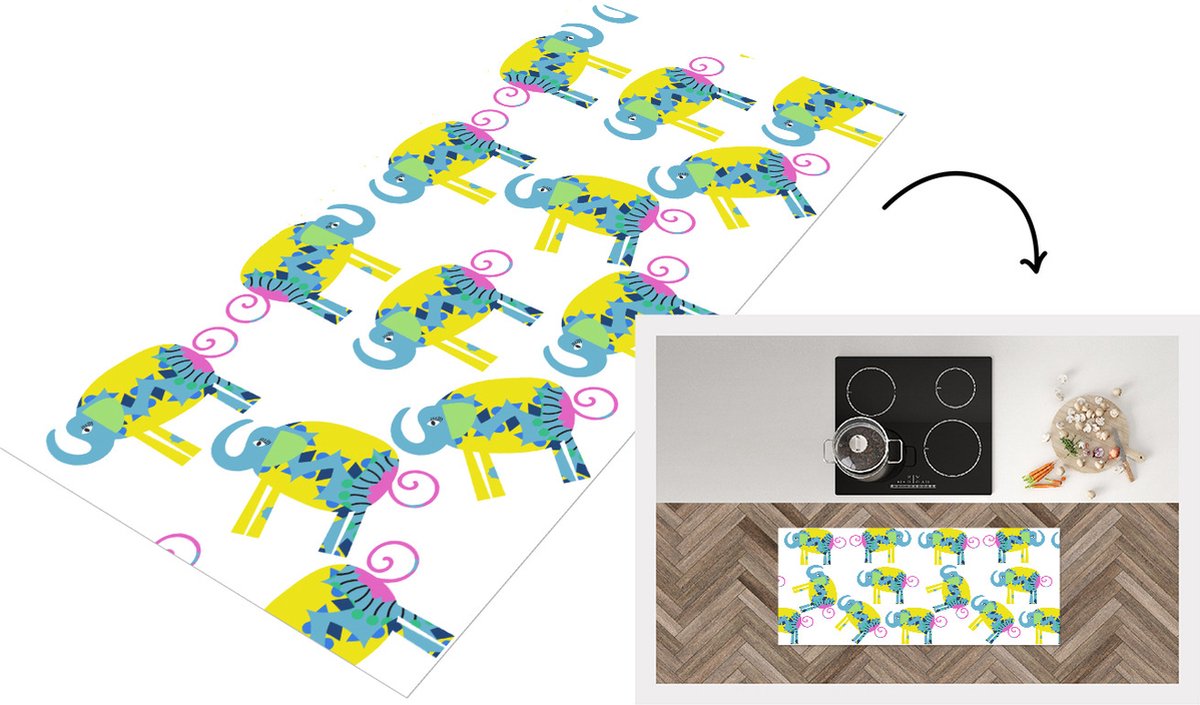 KitchenYeah Keukenloper - Loper keuken - Olifant - Geel - Ornament - Patronen - 120x50 cm - Keukenloper vinyl Multicolor