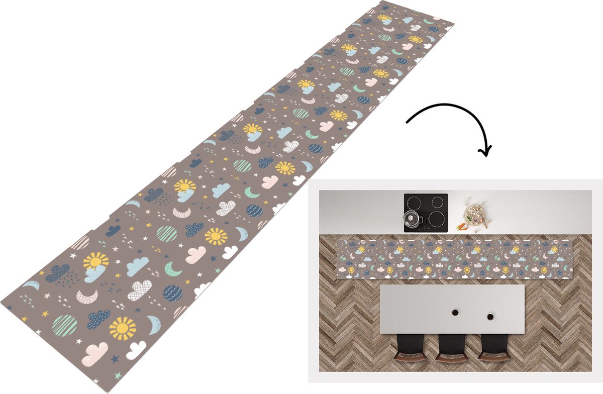 KitchenYeah Keukenloper - Loper keuken - Wolken - Zon - Design - 300x50 cm - Keukenloper vinyl Multicolor