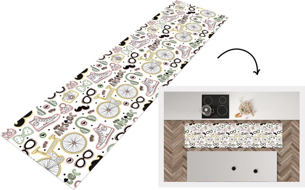 KitchenYeah Keukenloper - Loper keuken - Doodle - Koptelefoon - Patroon - 240x60 cm - Keukenloper vinyl Multicolor