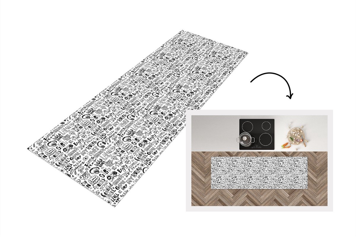 KitchenYeah Keukenloper - Loper keuken - Doodle - Zwart Wit - Patroon - 180x60 cm - Keukenloper vinyl Zwart; Wit