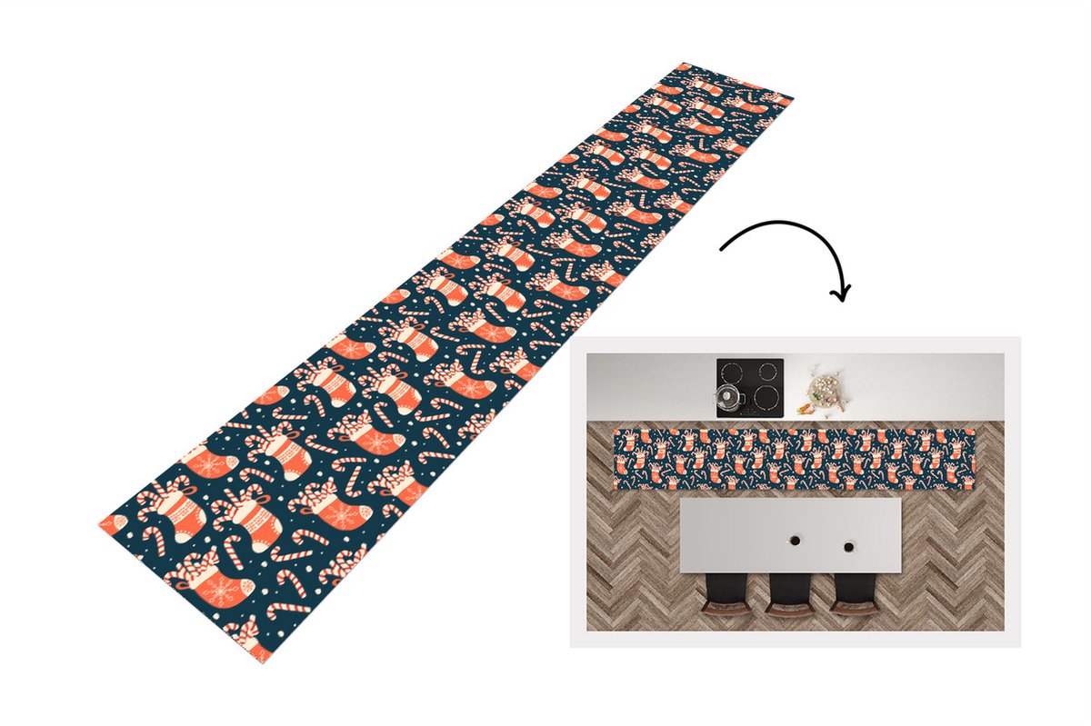 KitchenYeah Keukenloper - Loper keuken - Sokken - Snoep - Kerst - Patronen - 300x50 cm - Keukenloper vinyl Multicolor