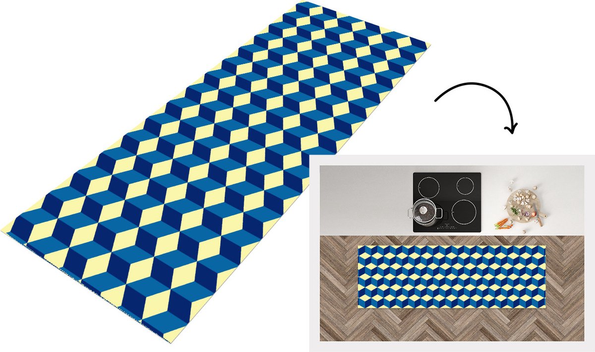 KitchenYeah Keukenloper - Loper keuken - Cube - Kubus - Patronen - 150x50 cm - Keukenloper vinyl Multicolor
