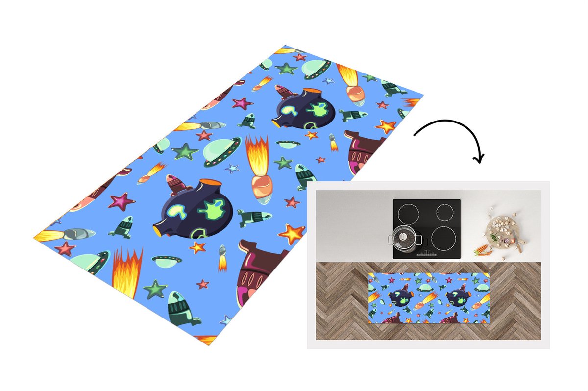 KitchenYeah Keukenloper - Loper keuken - Ruimte - Regenboog - Ufo - Raket - Design - 120x50 cm - Keukenloper vinyl Multicolor