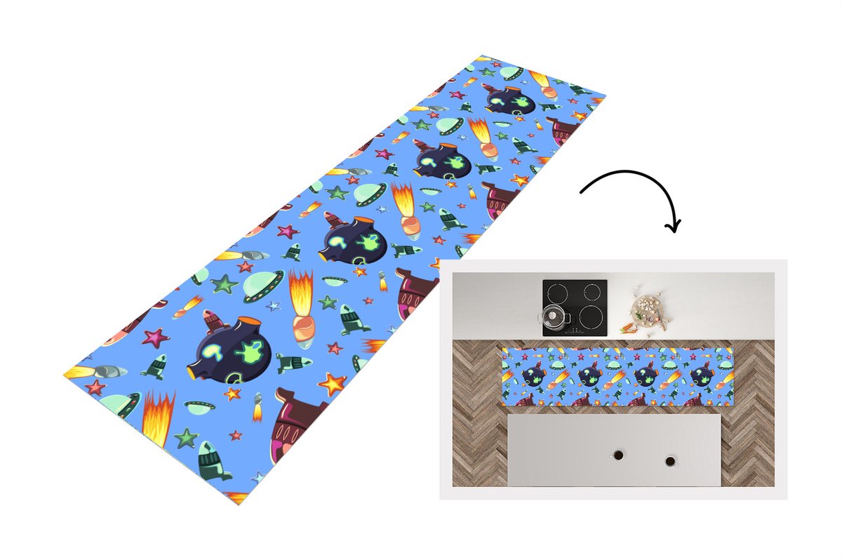 KitchenYeah Keukenloper - Loper keuken - Ruimte - Regenboog - Ufo - Raket - Design - 240x60 cm - Keukenloper vinyl Multicolor