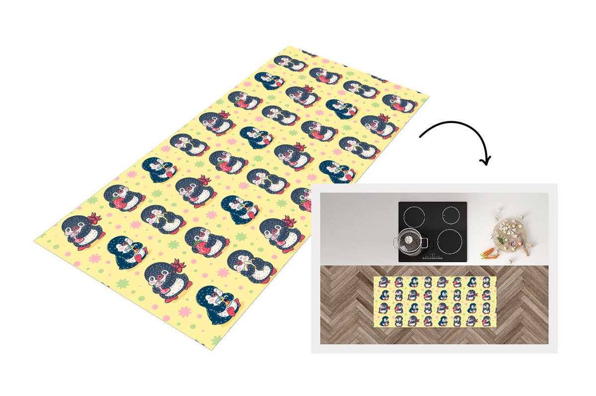 KitchenYeah Keukenloper - Loper keuken - Aardbei - Design - Pinguïn - 120x50 cm - Keukenloper vinyl Multicolor