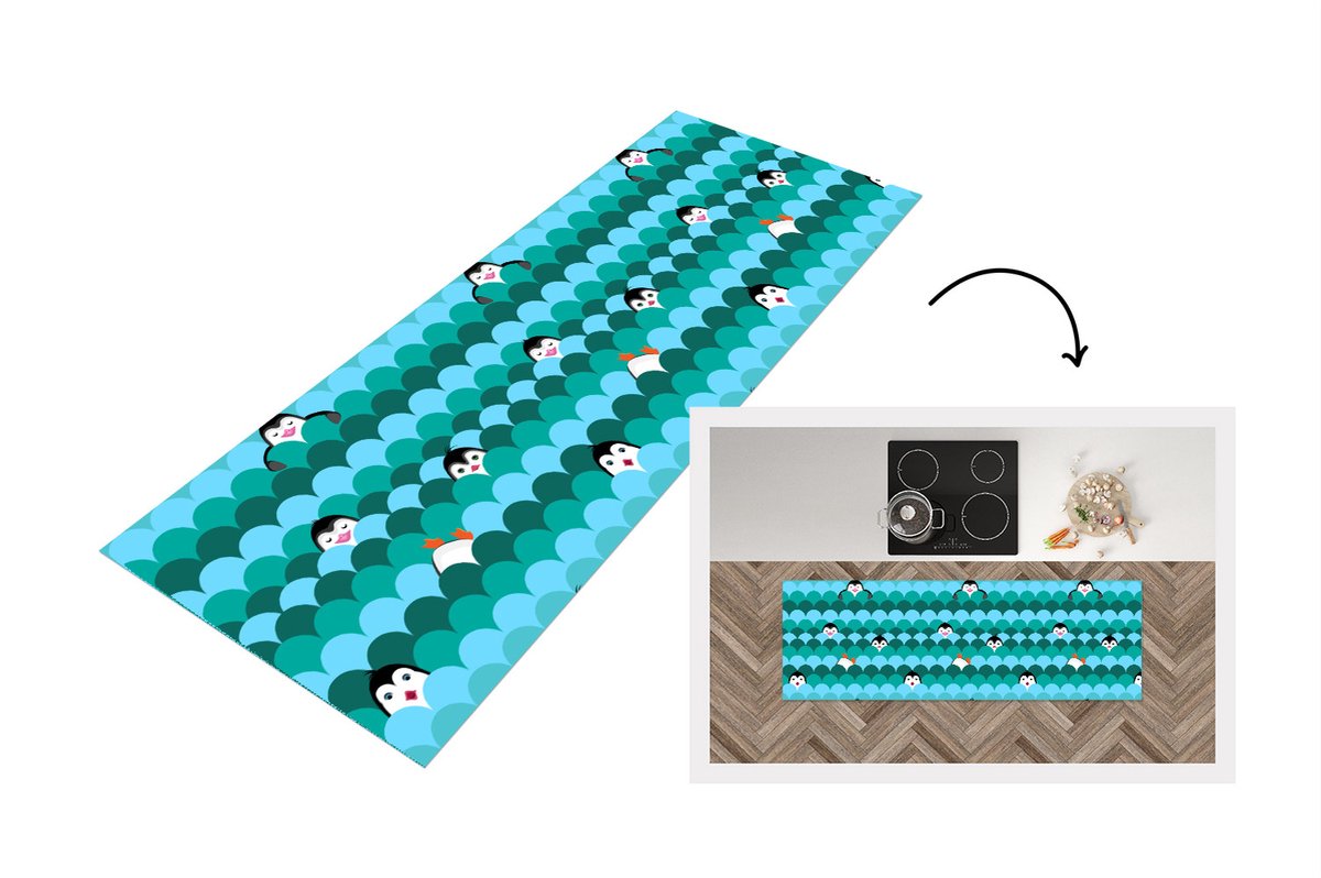 KitchenYeah Keukenloper - Loper keuken - Cirkel - Pinguïn - Design - 150x50 cm - Keukenloper vinyl Multicolor