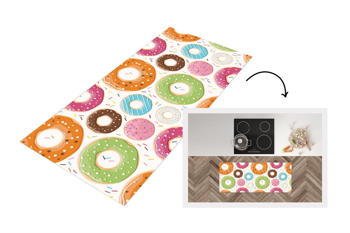 KitchenYeah Keukenloper - Loper keuken - Tiener - Donut - Patroon - 120x50 cm - Keukenloper vinyl Multicolor