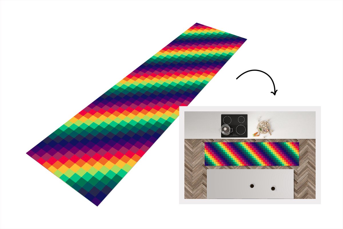 KitchenYeah Keukenloper - Loper keuken - Regenboog - Patronen - Pixel - 240x60 cm - Keukenloper vinyl Multicolor