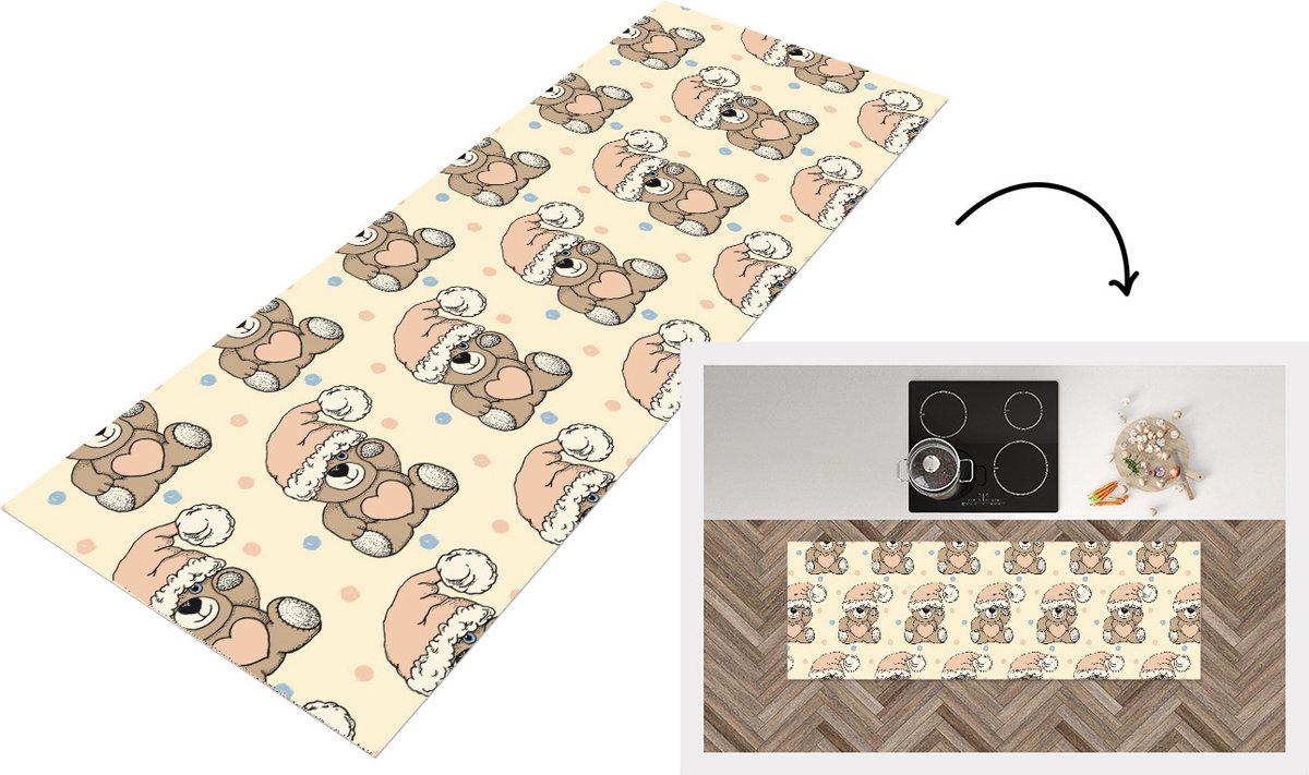 KitchenYeah Keukenloper - Loper keuken - Knuffelbeer - Slaapmuts - Kinderen - Pastel - 180x60 cm - Keukenloper vinyl Multicolor